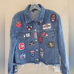 3.65 women's cropped jeans patch jacket women's size medium color denim